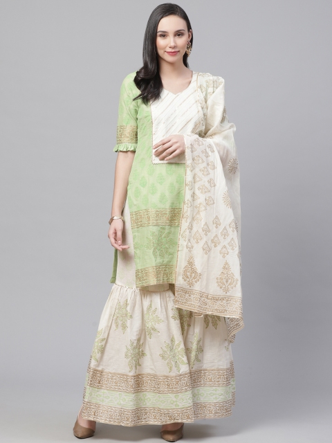 

Chhabra 555 Green & Cream-Coloured Block Printed Semi-Stitched Dress Material