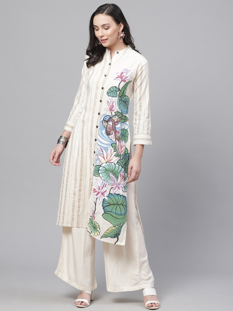 

Chhabra 555 Women Cream-Coloured & Green Made to Measure Hand-Painted Kurta with Palazzos
