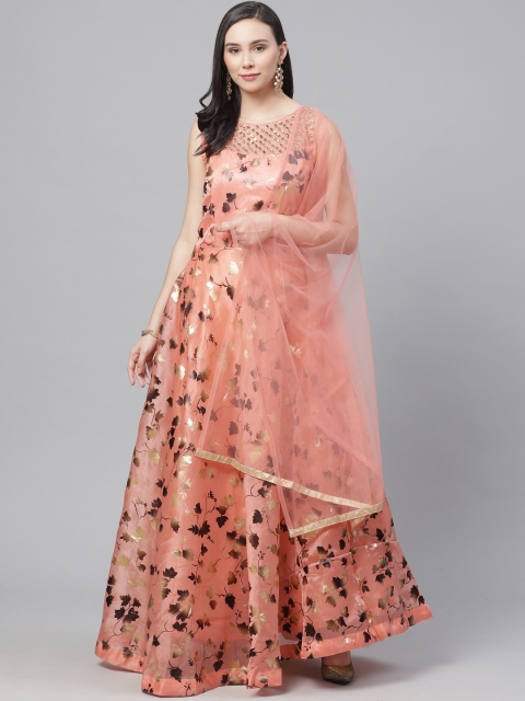 

Chhabra 555 Peach-Coloured & Black Foil Print Made to Measure Cocktail Gown with Dupatta