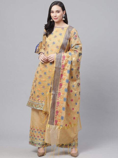 

Chhabra 555 Beige & Blue Floral Woven Design Zari Detailing Unstitched Dress Material