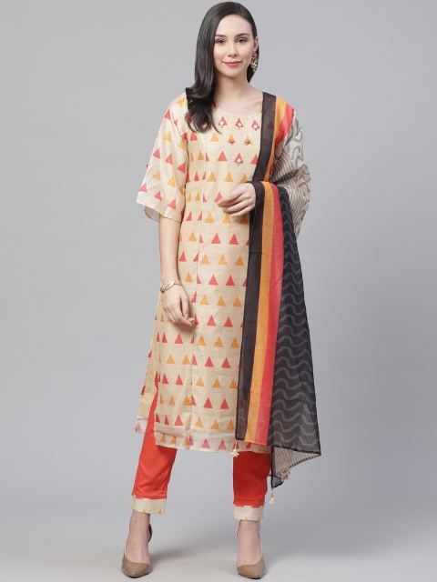 

Chhabra 555 Beige & Peach-Coloured Kalamkari Print Unstitched Dress Material