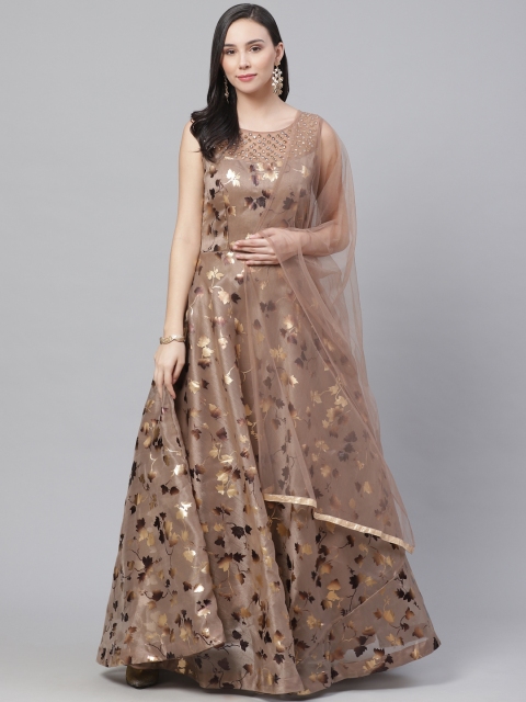 

Chhabra 555 Women Taupe Foil Print Made to Measure Cocktail Gown with Dupatta