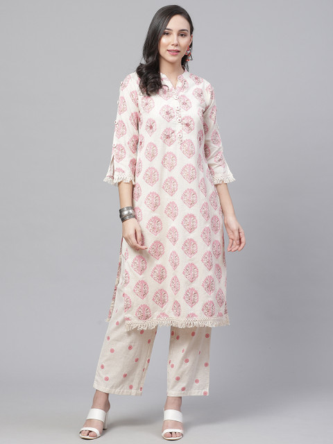 

Chhabra 555 Women Cream-Coloured & Red Screen Print Made to Measure Kurta Set