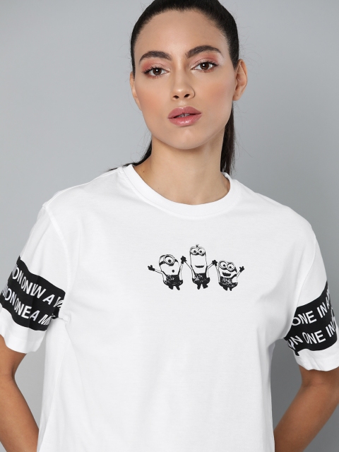 

Minions by Kook N Keech Women White Minions Print Round Neck Boxy T-shirt