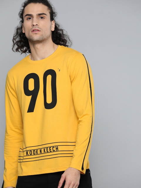 

Kook N Keech Men Mustard Yellow & Black Pure Cotton Printed Round Neck T-shirt