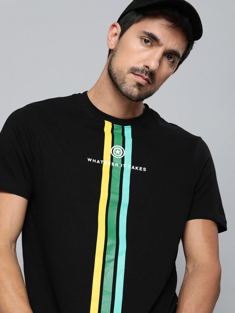 

Kook N Keech Marvel Men Black Striped Round Neck T-shirt