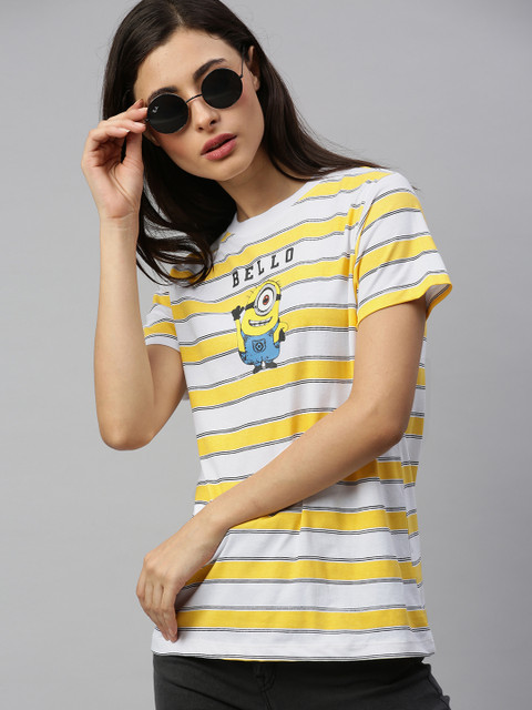 

Minions by Kook N Keech Women White Striped Round Neck T-shirt
