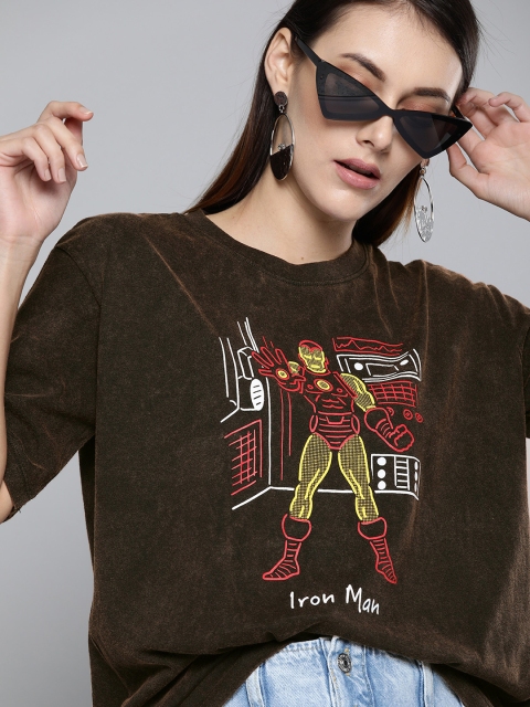 

Kook N Keech Marvel Women Rust Brown Ironman Printed Round Neck Velvet T-shirt