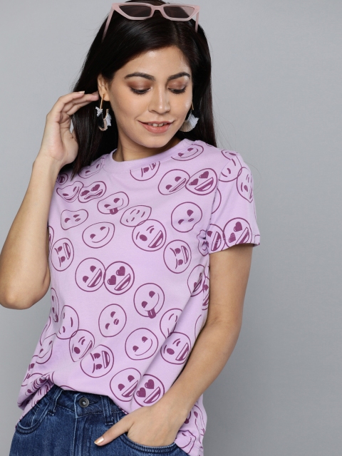 

Kook N Keech Emoji Women Lavender Printed Round Neck T-shirt