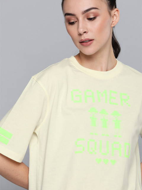 

Kook N Keech Women Cream-Coloured & Fluorescent Green Printed Round Neck T-shirt