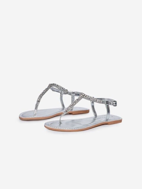 

DOROTHY PERKINS Women Silver-Toned Wide Fit Embellished T-Strap Flats