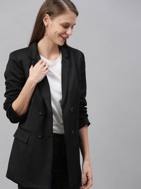 

Mast & Harbour Women Black Solid Double-Breasted Casual Blazer