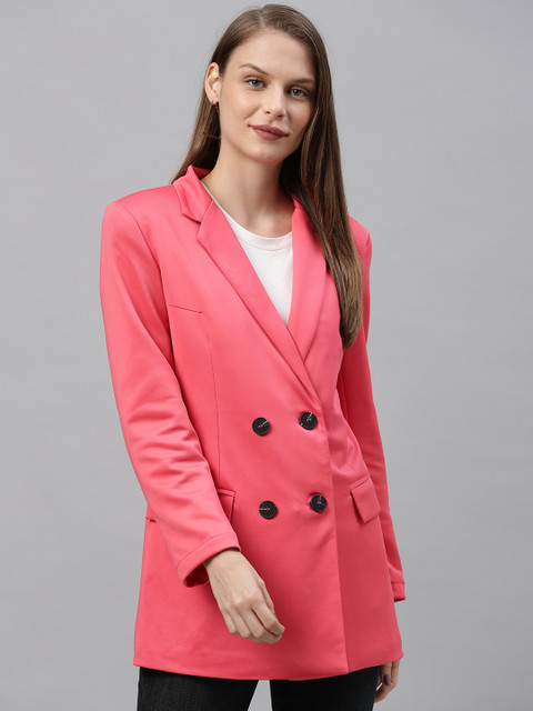 

Mast & Harbour Women Coral Pink Solid Double-Breasted Casual Blazer