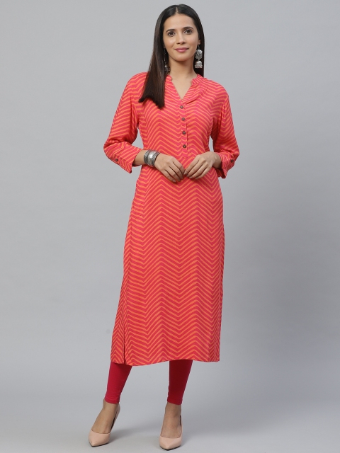 

KSUT Women Pink & Orange Printed Straight Kurta