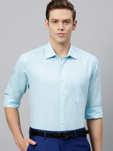 

Van Heusen Men Blue & White Slim Fit Self Design Formal Cotton-Linen Shirt