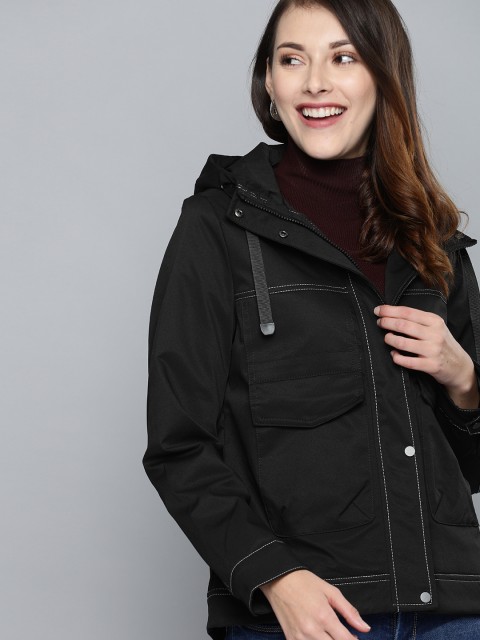 

Mast & Harbour Women Black Solid Hooded Tailored Jacket