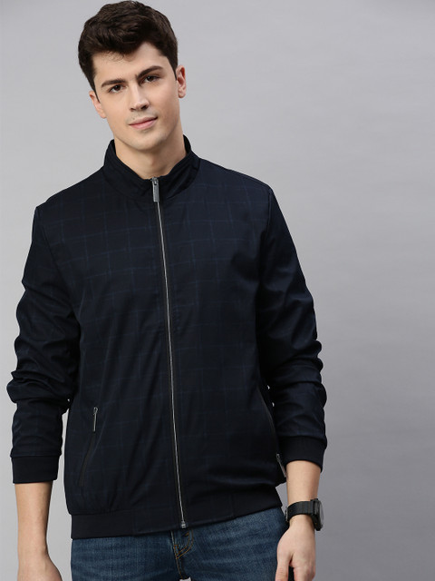 

Mast & Harbour Men Navy Blue Checked Bomber Jacket