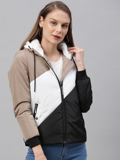 

Mast & Harbour Women Beige & White Colourblocked Hooded Puffer Jacket
