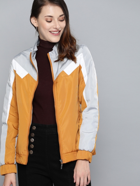 

Mast & Harbour Women Mustard Yellow & Grey Colourblocked Bomber Jacket