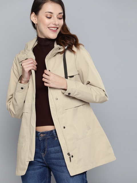 

Mast & Harbour Women Beige Solid Longline Hooded Tailored Jacket