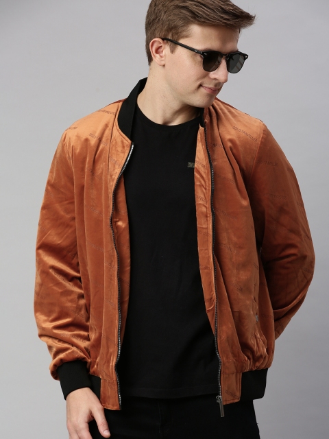 

Mast & Harbour Men Rust Brown Printed Velvet Bomber