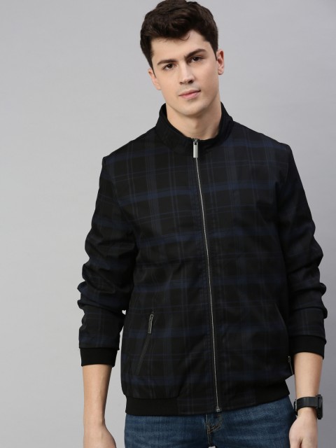 

Mast & Harbour Men Black & Navy Blue Checked Bomber Jacket