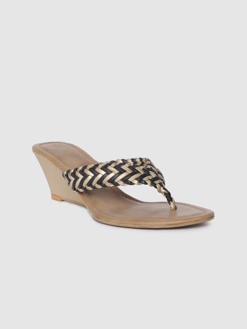 

Inc 5 Women Black & Gold-Toned Woven Design Wedges