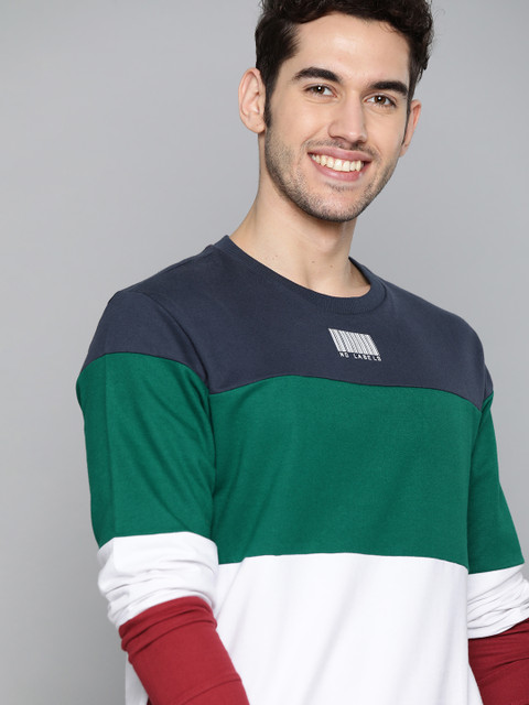 

Mast & Harbour Men Green & White Pure Cotton Colourblocked Sweatshirt