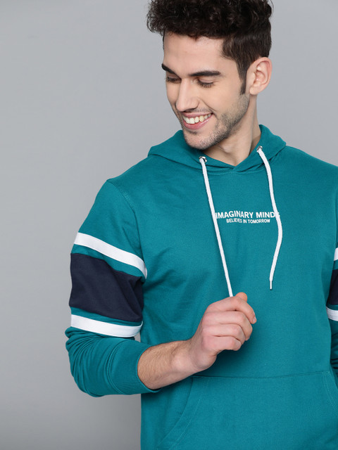 

Mast & Harbour Men Blue Solid Pure Cotton Hooded Sweatshirt