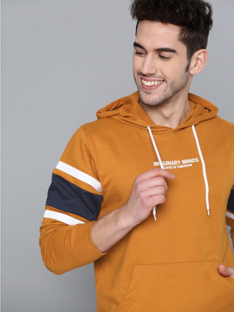 

Mast & Harbour Men Mustard Yellow Solid Pure Cotton Hooded Sweatshirt