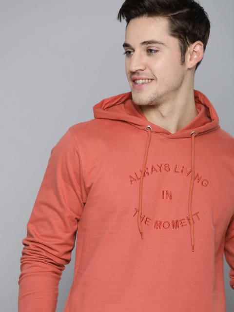 

Mast & Harbour Men Coral Pink Pure Cotton Solid Hooded Sweatshirt