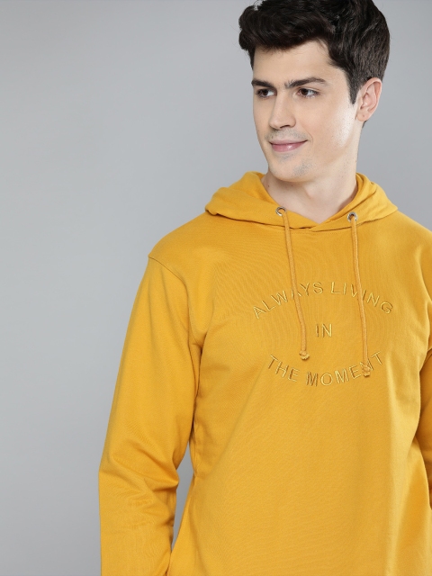 

Mast & Harbour Men Mustard Yellow Embroidered Hooded Sweatshirt