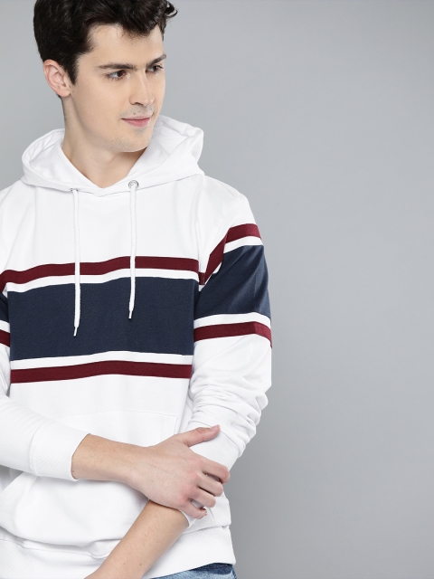 

Mast & Harbour Men White & Navy Blue Striped Hooded Sweatshirt
