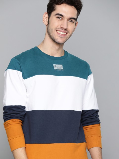 

Mast & Harbour Men White & Blue Pure Cotton Colourblocked Sweatshirt