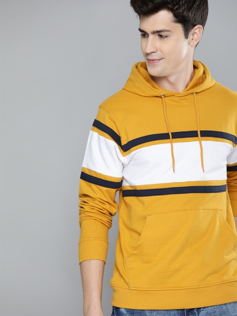 

Mast & Harbour Men Mustard Yellow & White Striped Hooded Sweatshirt