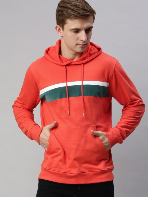 

Mast & Harbour Men Coral Orange Striped Hooded Sweatshirt