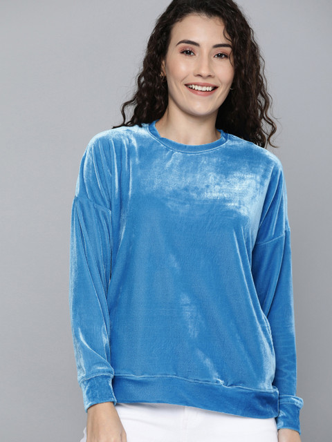 

Mast & Harbour Women Blue Solid Velvet Sweatshirt