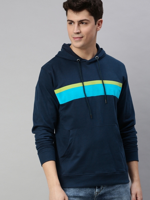 

Mast & Harbour Men Navy Blue Striped Hooded Sweatshirt