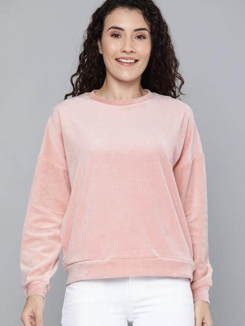 

Mast & Harbour Women Peach-Coloured Solid Velvet Sweatshirt