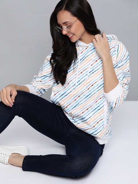 

Mast & Harbour Women White & Blue Striped Hooded Sweatshirt