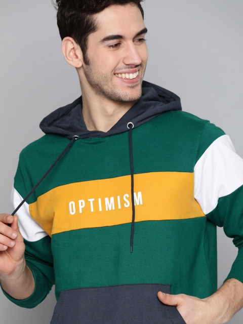 

Mast & Harbour Men Green & Mustard Yellow Pure Cotton Colourblocked Hooded Sweatshirt