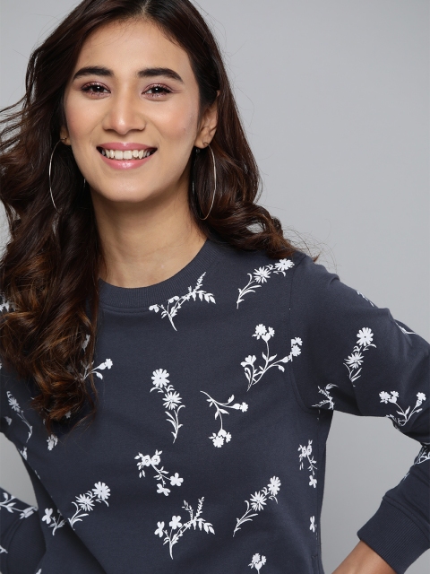 

Mast & Harbour Women Navy Blue & White Pure Cotton Floral Printed Sweatshirt