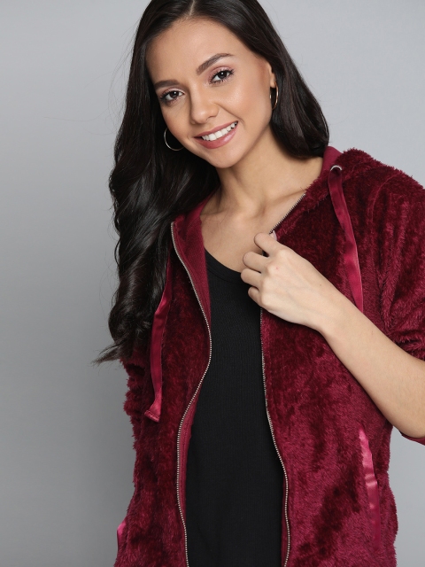 

Mast & Harbour Women Maroon Solid Faux Fur Hooded Sweatshirt