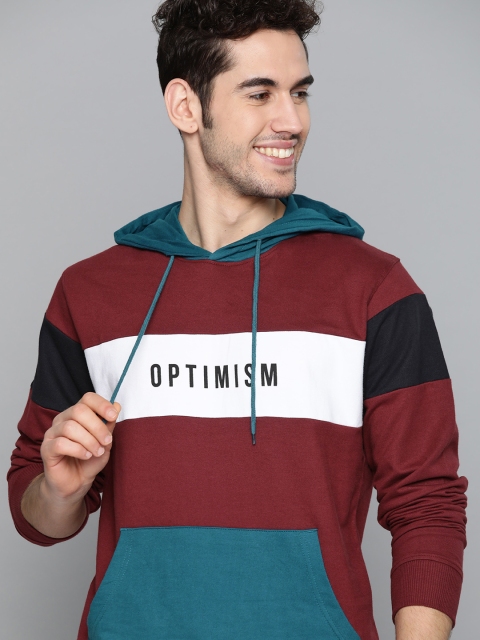 

Mast & Harbour Men Maroon & Blue Pure Cotton Colourblocked Hooded Sweatshirt
