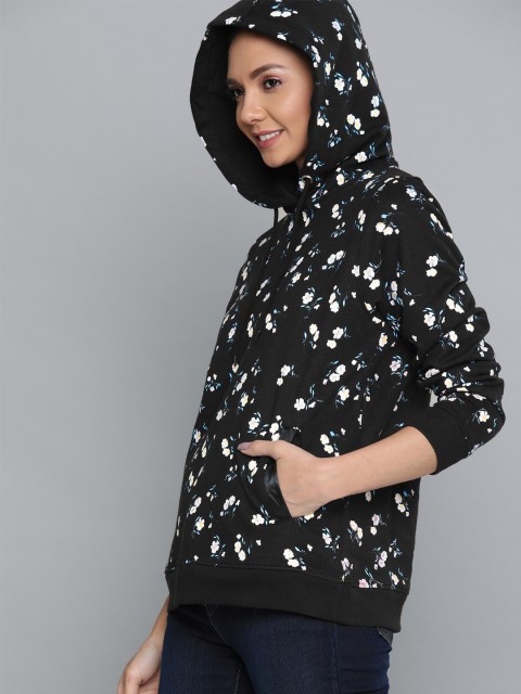 

Mast & Harbour Women Black & Off-White Pure Cotton Floral Print Hooded Sweatshirt