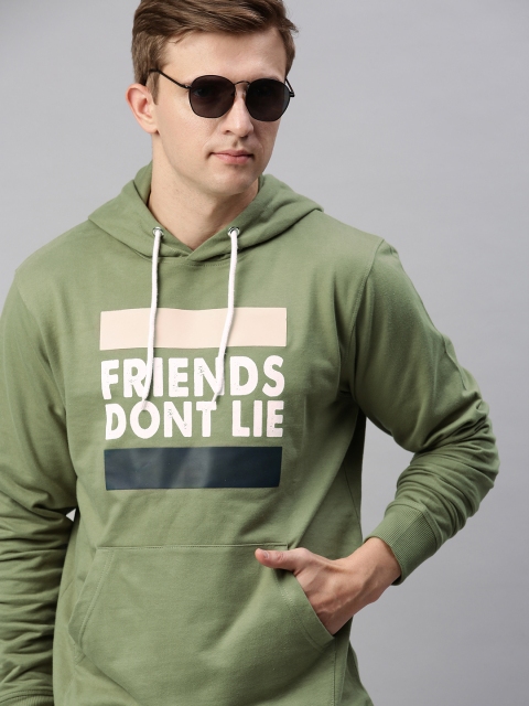 

Mast & Harbour Men Olive Green Printed Hooded Sweatshirt