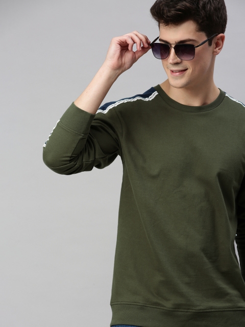 

Mast & Harbour Men Olive Green Solid Pullover Sweatshirt with Side Taping