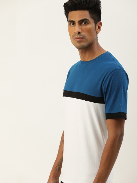 

ether Men Blue & White Colourblocked Round Neck T-shirt