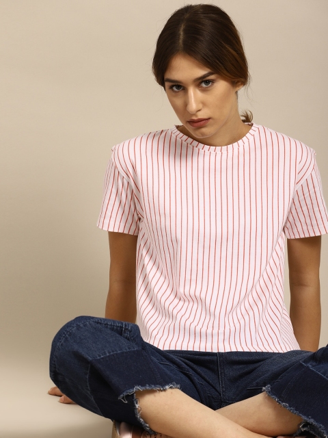 

ether Women White & Red Striped Round Neck T-shirt