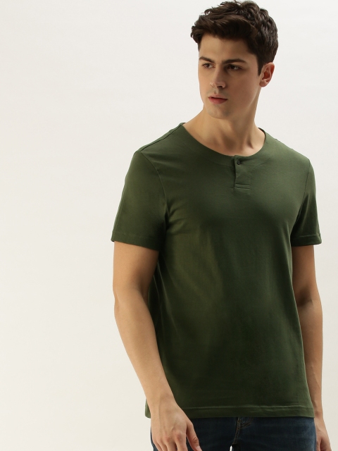 

ether Men Olive Green Solid Henley Neck T-shirt